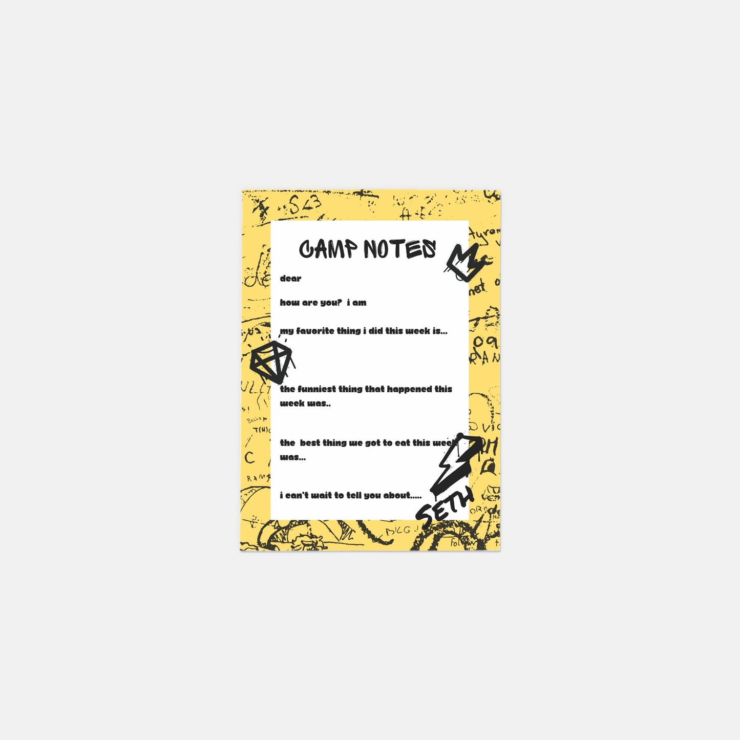 Pack of 10 Yellow Graffiti Camp Notes fill-in stationery cards and envelopes. Each A7 size flat notecard measures 5" x 7" and is digitally printed on smooth, heavyweight paper. Perfect for personalized notes and correspondence.
