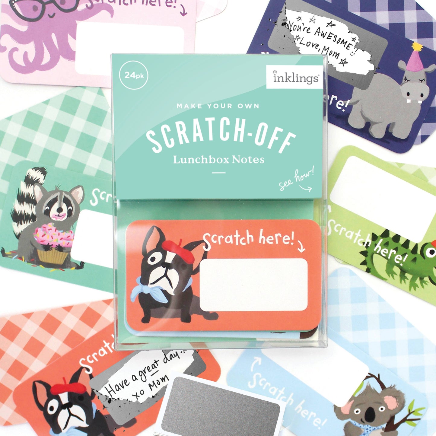 Set of 24 assorted scratch-off lunchbox notes measuring 2” x 3.5”, featuring six different animated animal friends designs. Each card allows you to write a personalized message in the blank space, which is then covered with a scratch-off sticker for a fun reveal. Perfect for slipping into lunch bags or coat pockets, these tiny notes come packaged in a clear plastic box, making them an ideal surprise for someone special.