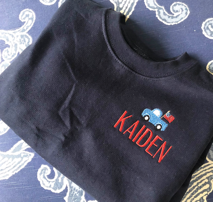 Cozy kids campwear pullover 2T-10, custom initials & motifs, navy or gray cotton blend