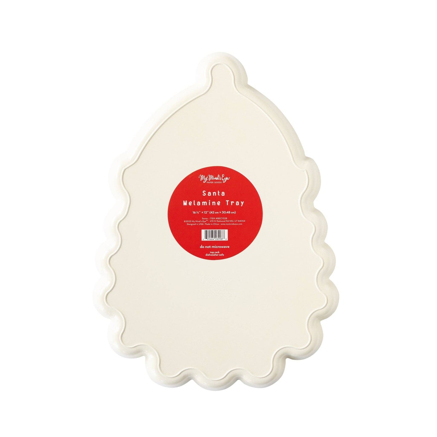 Santa melamine platter, perfect for Christmas parties and holiday treats. Santa head shaped, 12" x 16.5", food-safe, dishwasher safe, eco-friendly, and sustainable. Ideal for serving cocoa and spreading holiday cheer.