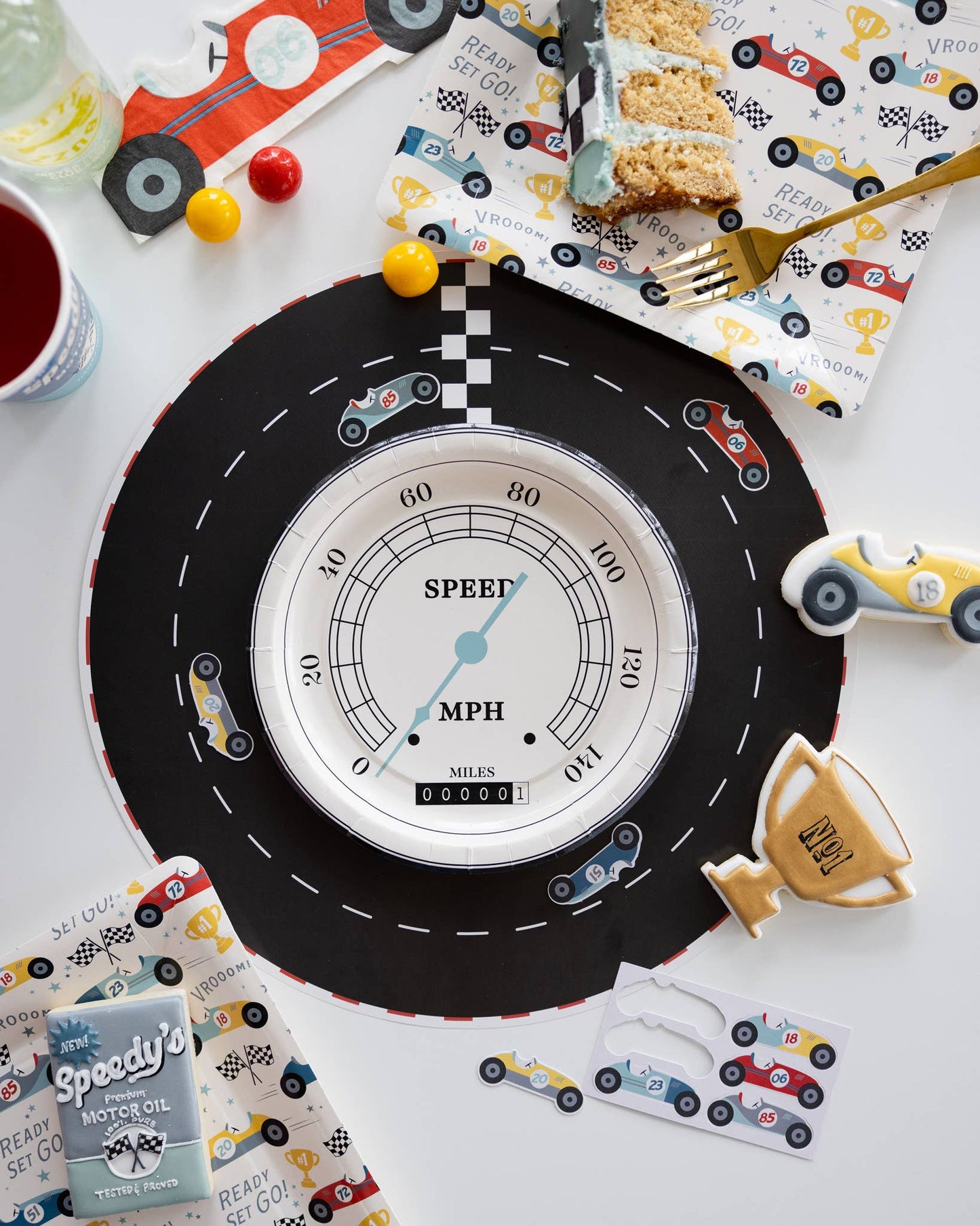 Paper Race Car Plates – 9x9 inches, 8 count, great for fast-paced race party themes.