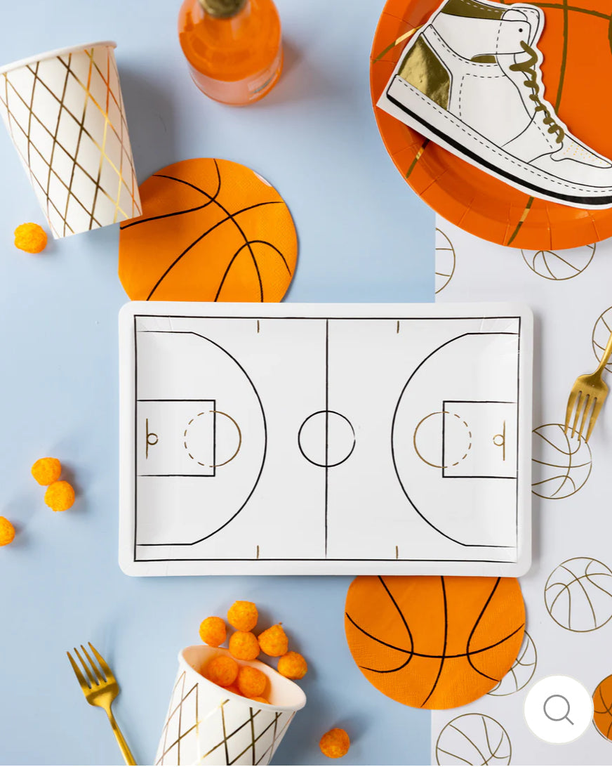 Playful basketball-shaped napkins for kids' sports-themed parties, packaged in sets of 24. Each napkin measures 5" x 5", ideal for festive gatherings