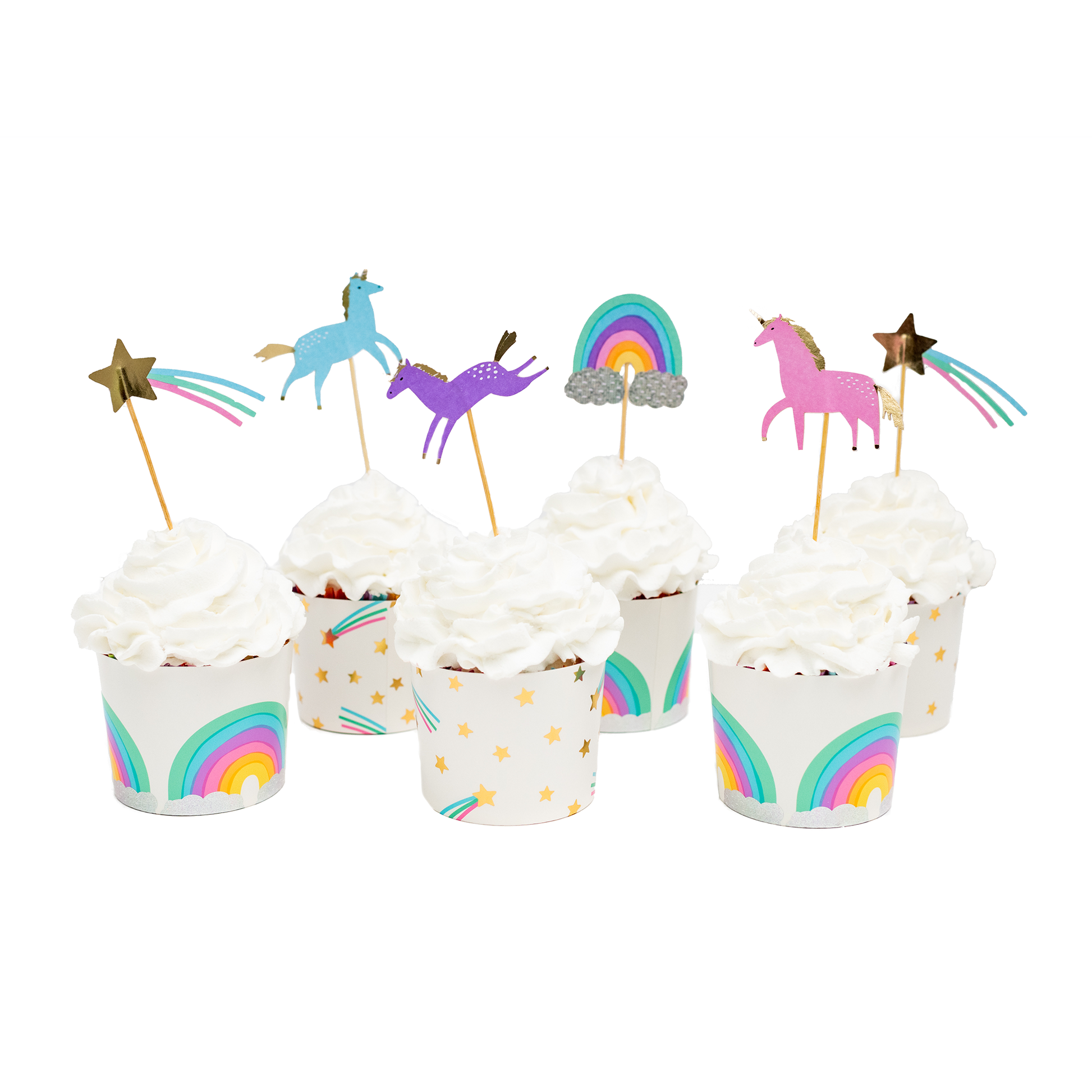 24-piece unicorn cupcake topper and baking cup set with holographic foil details