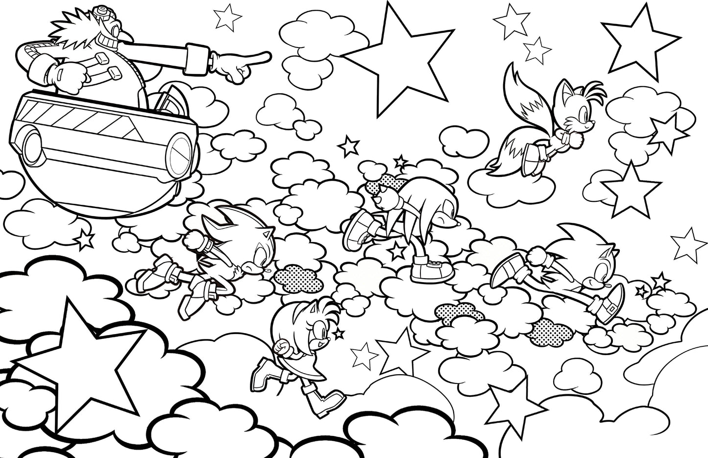 Coloring pages featuring Sonic, Tails, and Knuckles