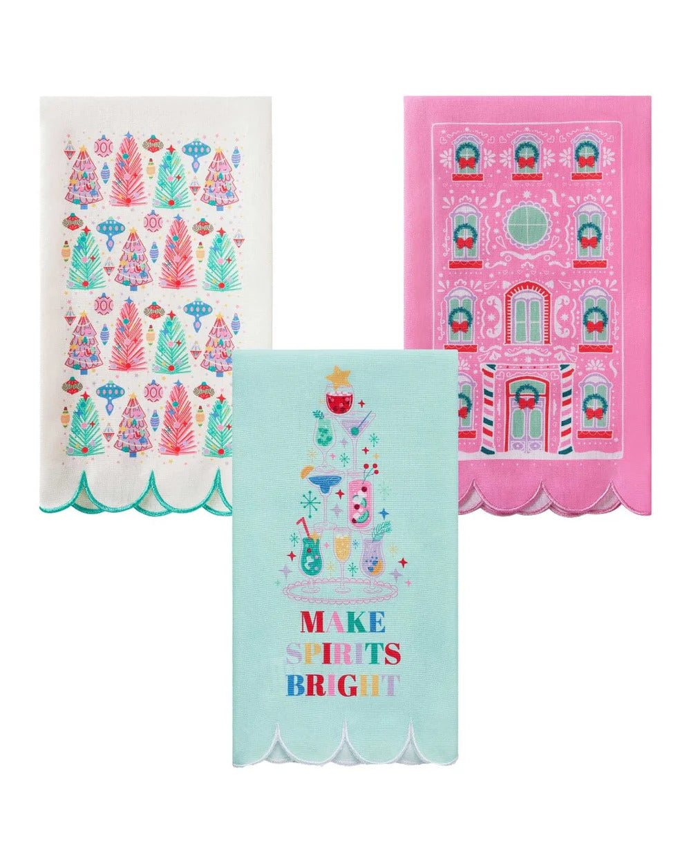 Holiday Tea Towels, Christmas Kitchen Decor, Festive Baking Gifts, Scalloped Edge Tea Towels, Gingerbread House & Christmas Tree Designs, Make Spirits Bright, Personalized Holiday Towels, Kitchen Holiday Accessories, Seasonal Christmas Gifts