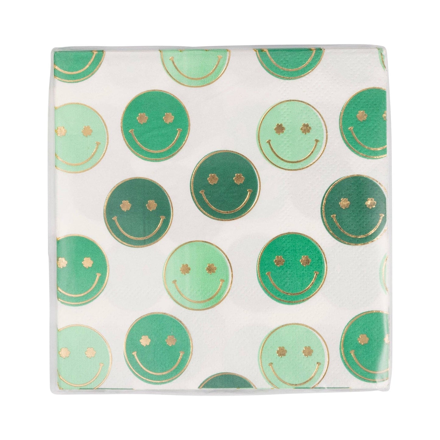 Set of 18 St. Patrick’s Day cocktail napkins – 5"x5" with gold foil smiling shamrocks, festive & fun!