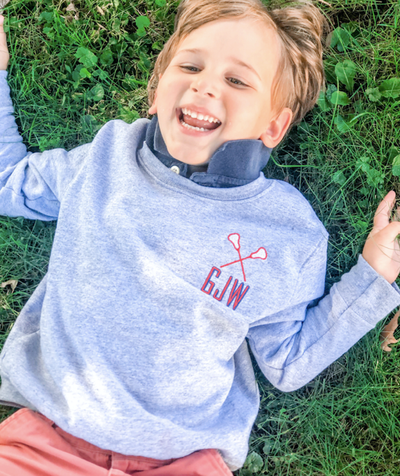 Personalized kids pullover 2T-10, navy or gray, custom initials & motif, soft cotton blend