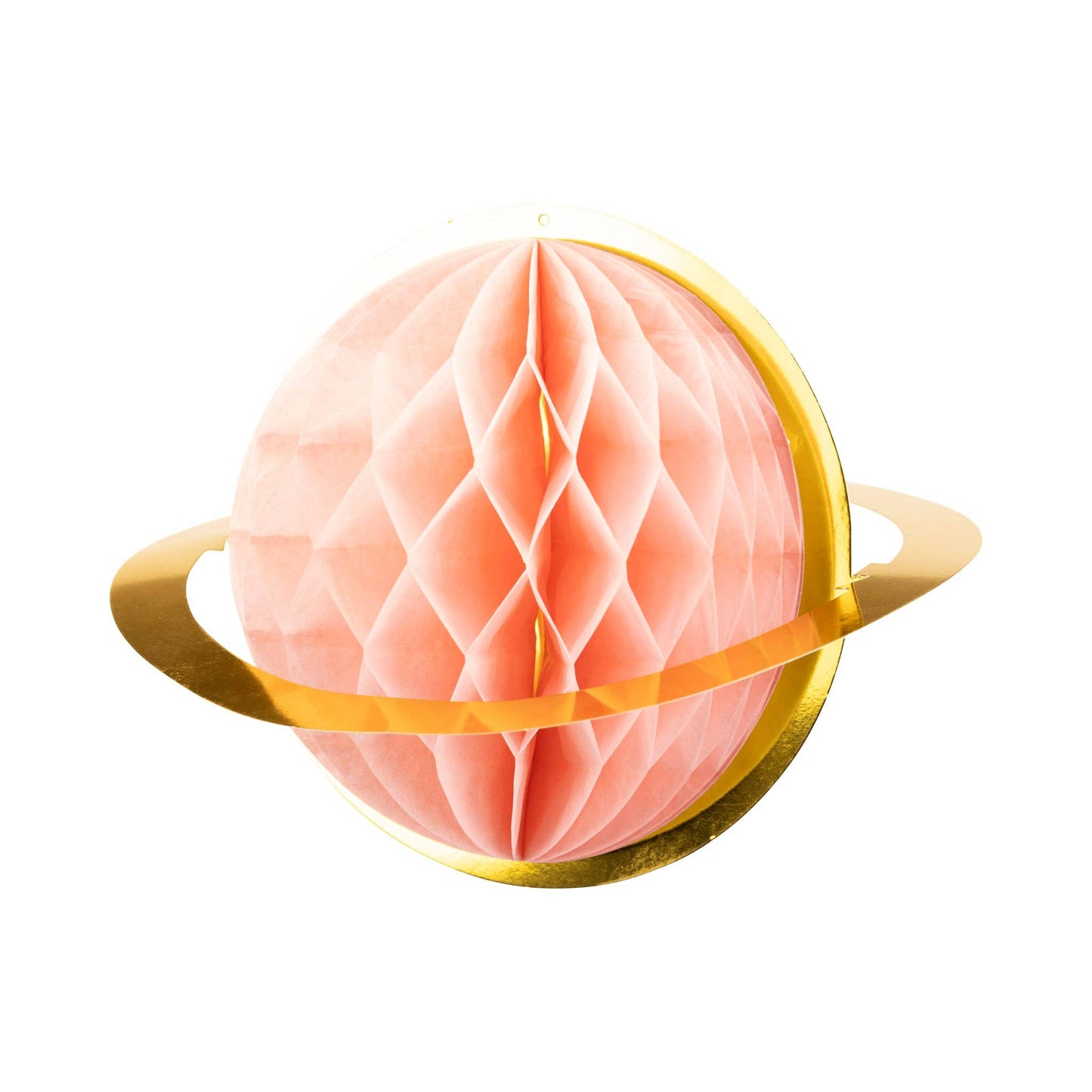 Hanging honeycomb planets, celestial party decorations in 3 sizes with gold foil details.