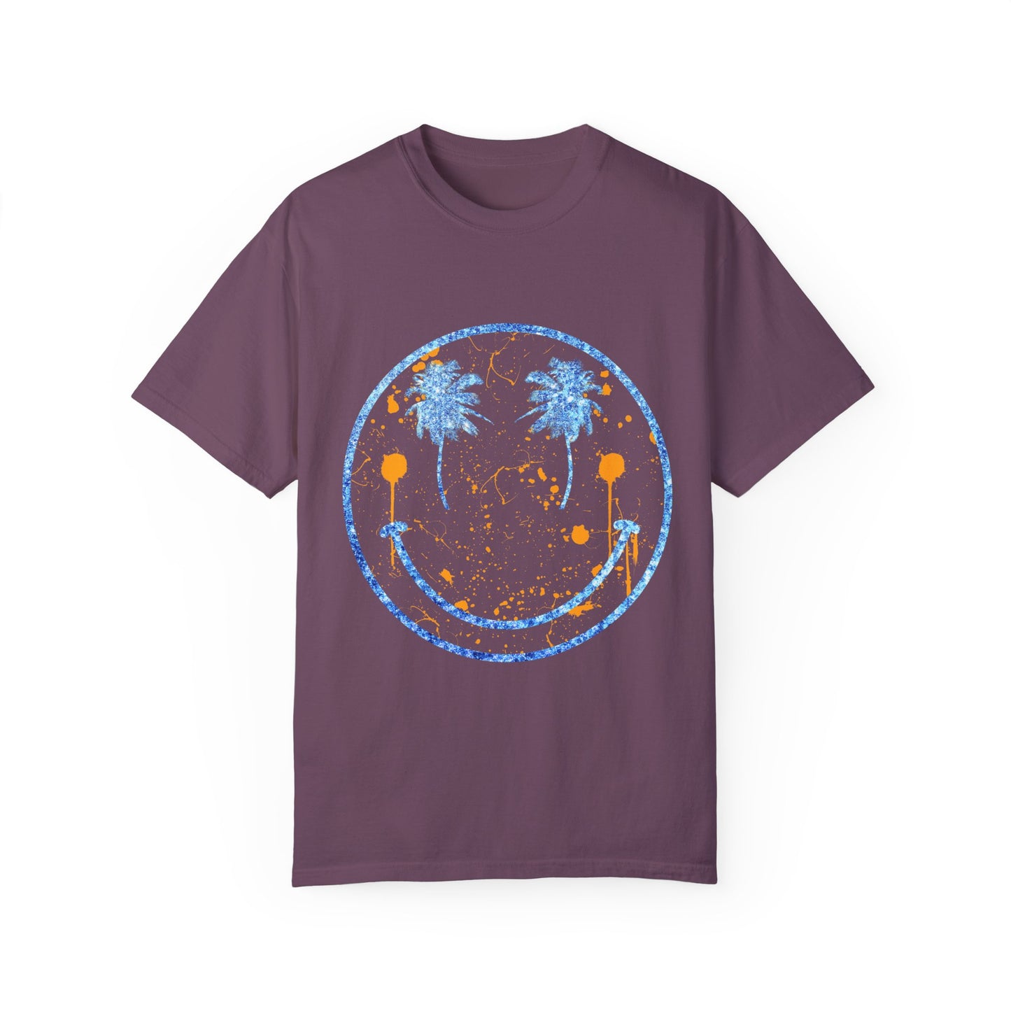 "Embrace summer vibes with our 90s Aesthetic Happy Face Paint Splatter Shirt, featuring a nostalgic design with palm tree eyes. This trendy unisex cotton tee is perfect for beach days, music festivals, and pool parties. Made from soft-washed ring-spun cotton, it offers a comfortable and relaxed fit, ideal for all-day wear. Get ready to shine in this retro-inspired shirt, designed for men, women, and teens!