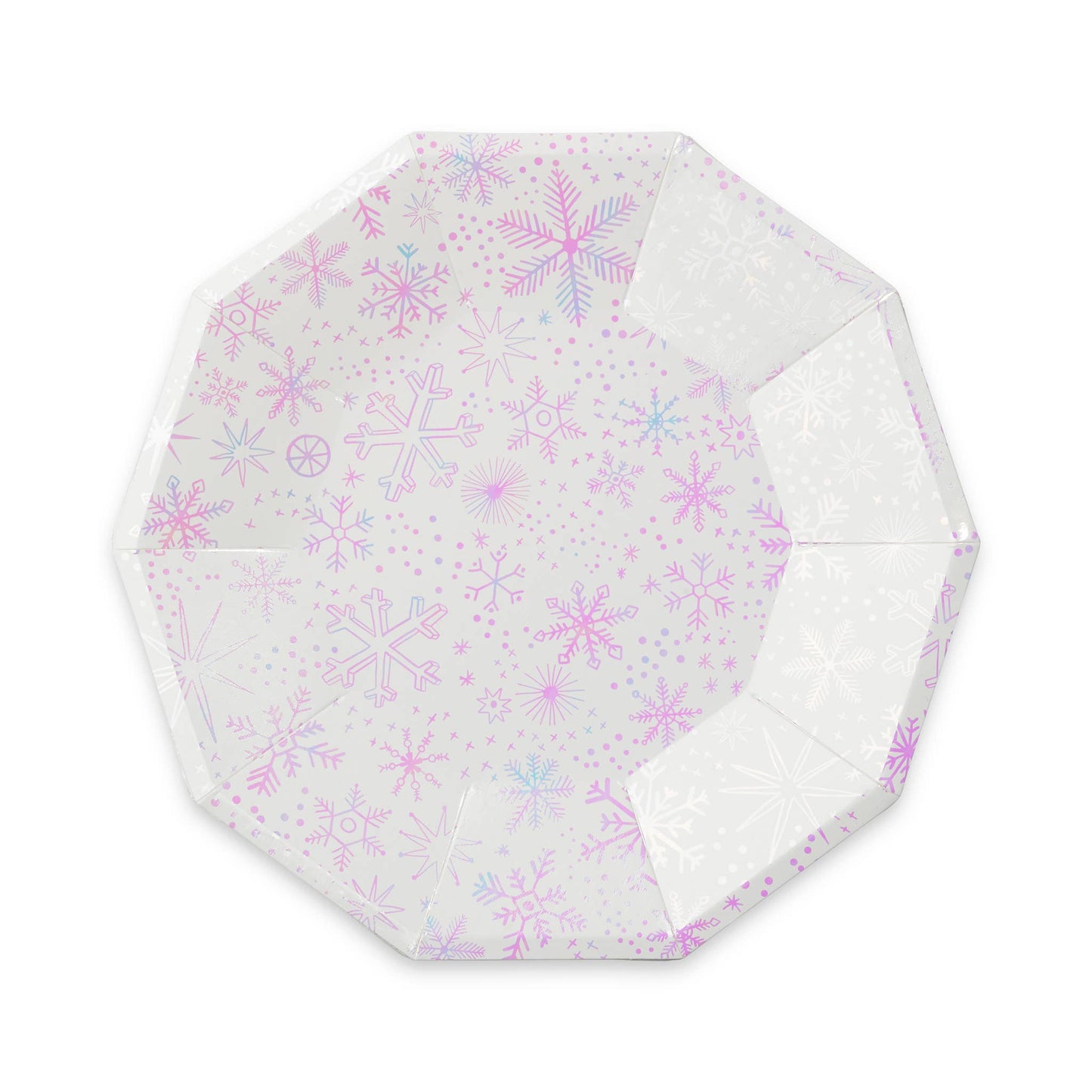 Snowflake paper plates with iridescent foil, pack of 8, perfect for winter parties