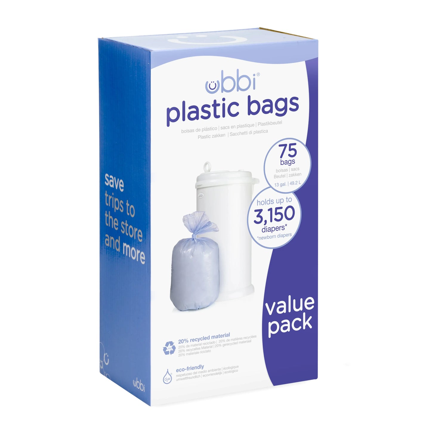 Ubbi diaper pail bags, 13-gallon, odor-lock, unscented, compatible with Ubbi & more, 25/75 count.