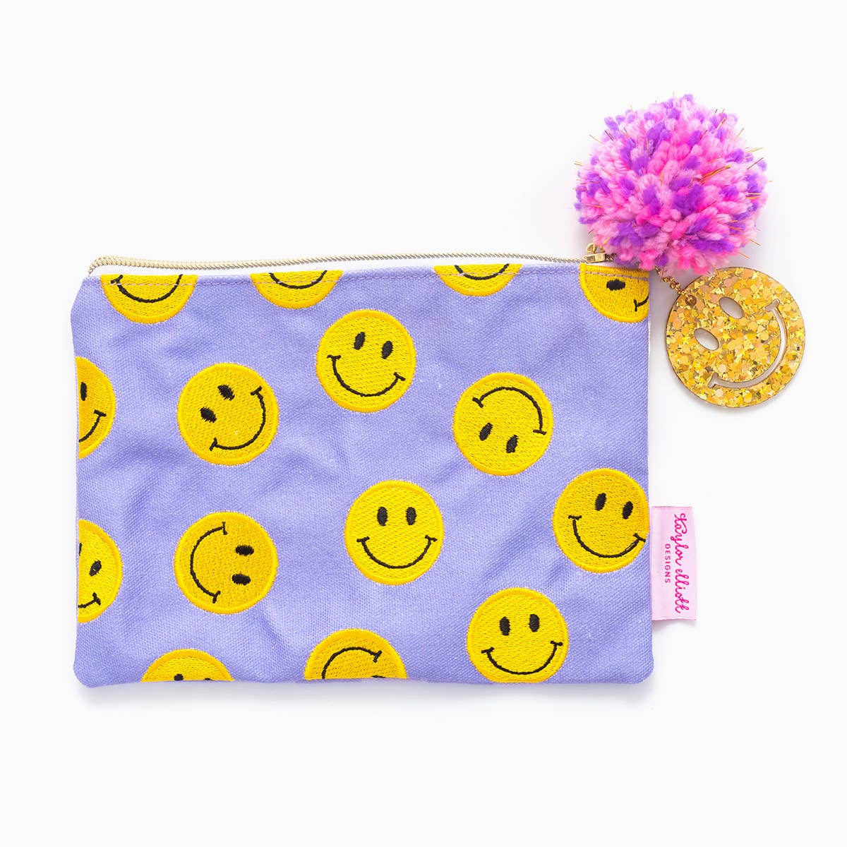 Medium Smiley Pouch: Versatile organizer, makeup bag, or pencil pouch with embroidered smiley, pom-pom details.