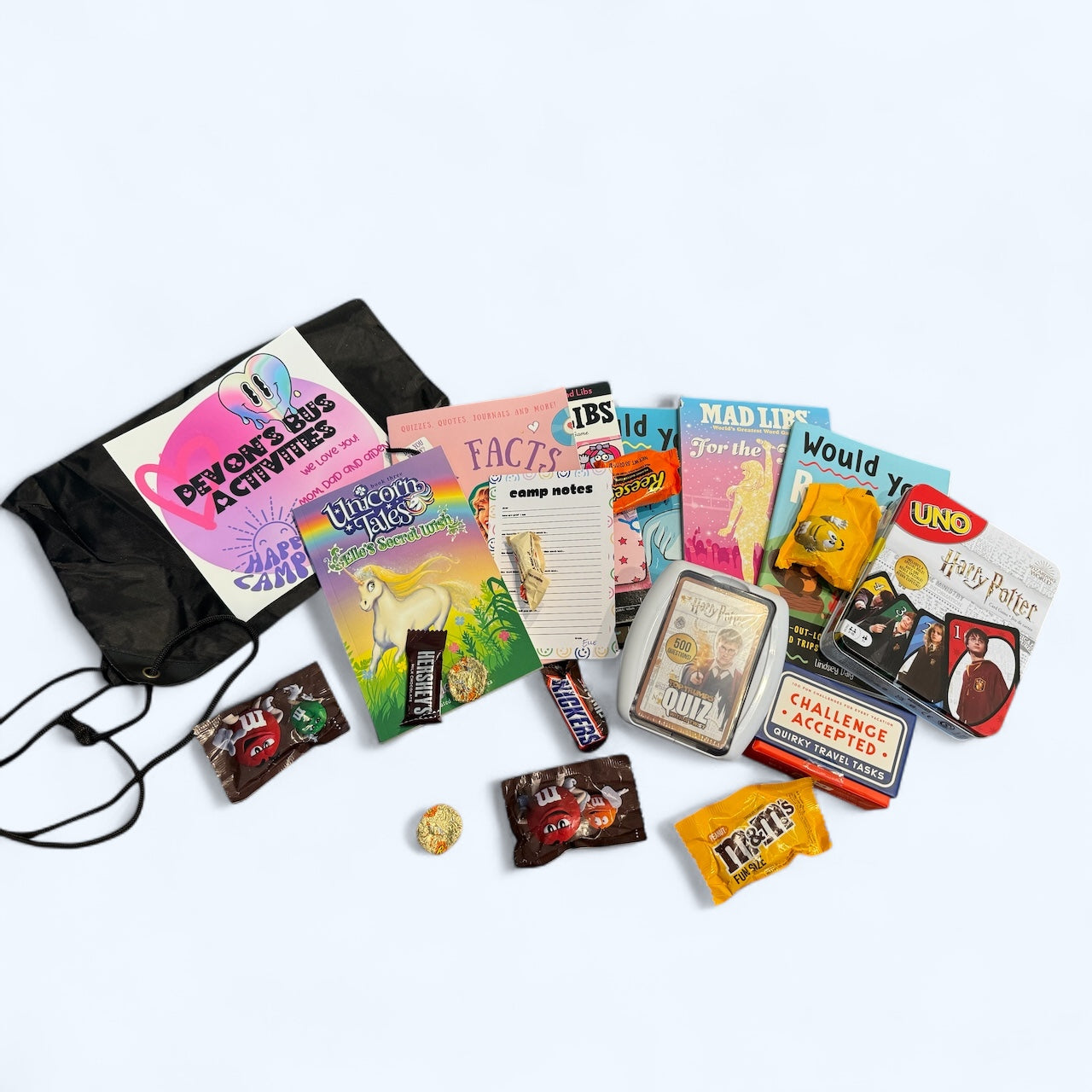 Mega Visiting Day camp surprise bucket with candy, bunk games, and custom gear