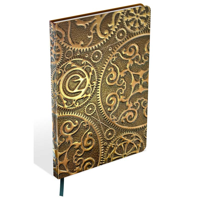 Decorative notebook with intricate gold and bronze design on a white background