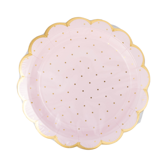 Princess Dot Plates – 8 pack, 9x9 inches, pink party plates with gold foil for royal birthdays