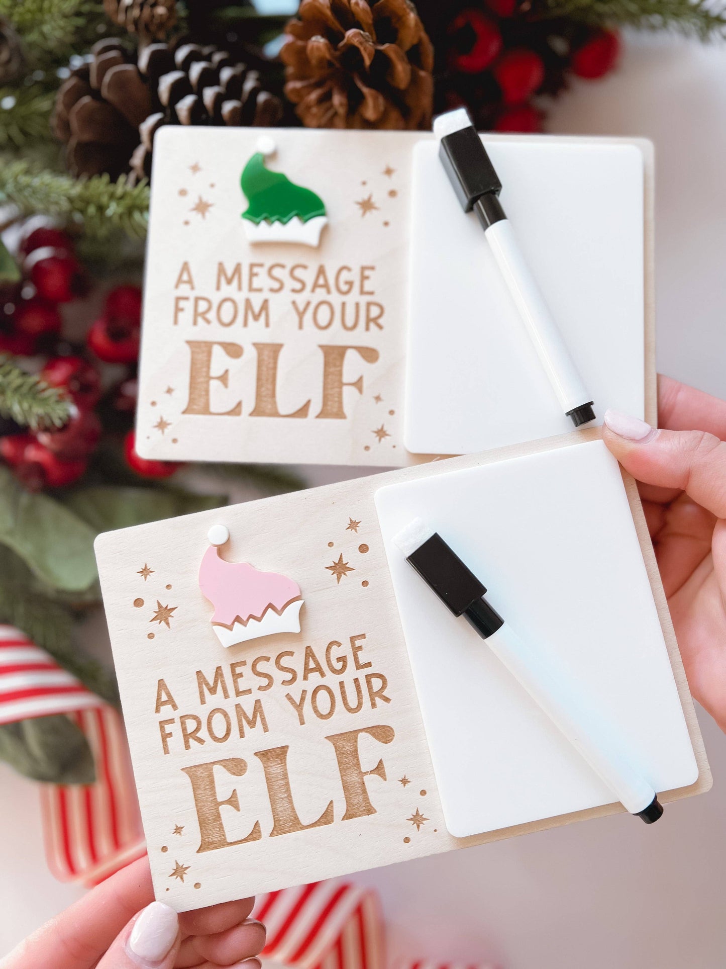 Reusable dry erase elf board on birch wood
