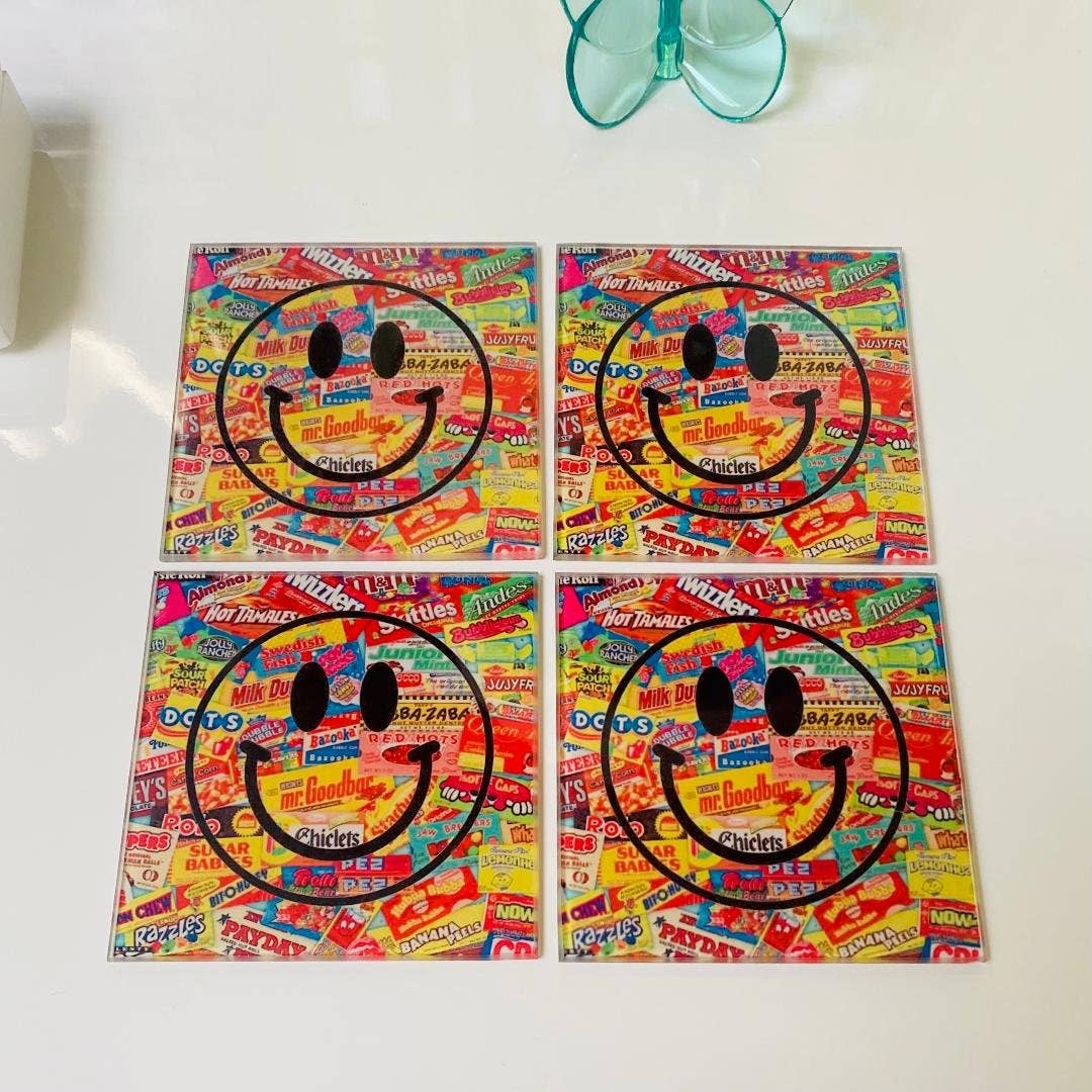 Candy Smiley Glass Coaster Set – 4" fun and durable coasters for home, kitchen, and living room decor.