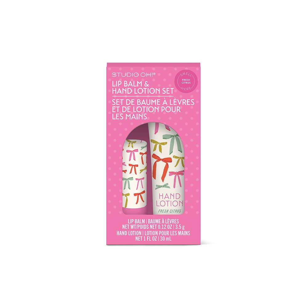 Lip balm and hand lotion gift set in clear reusable pouch