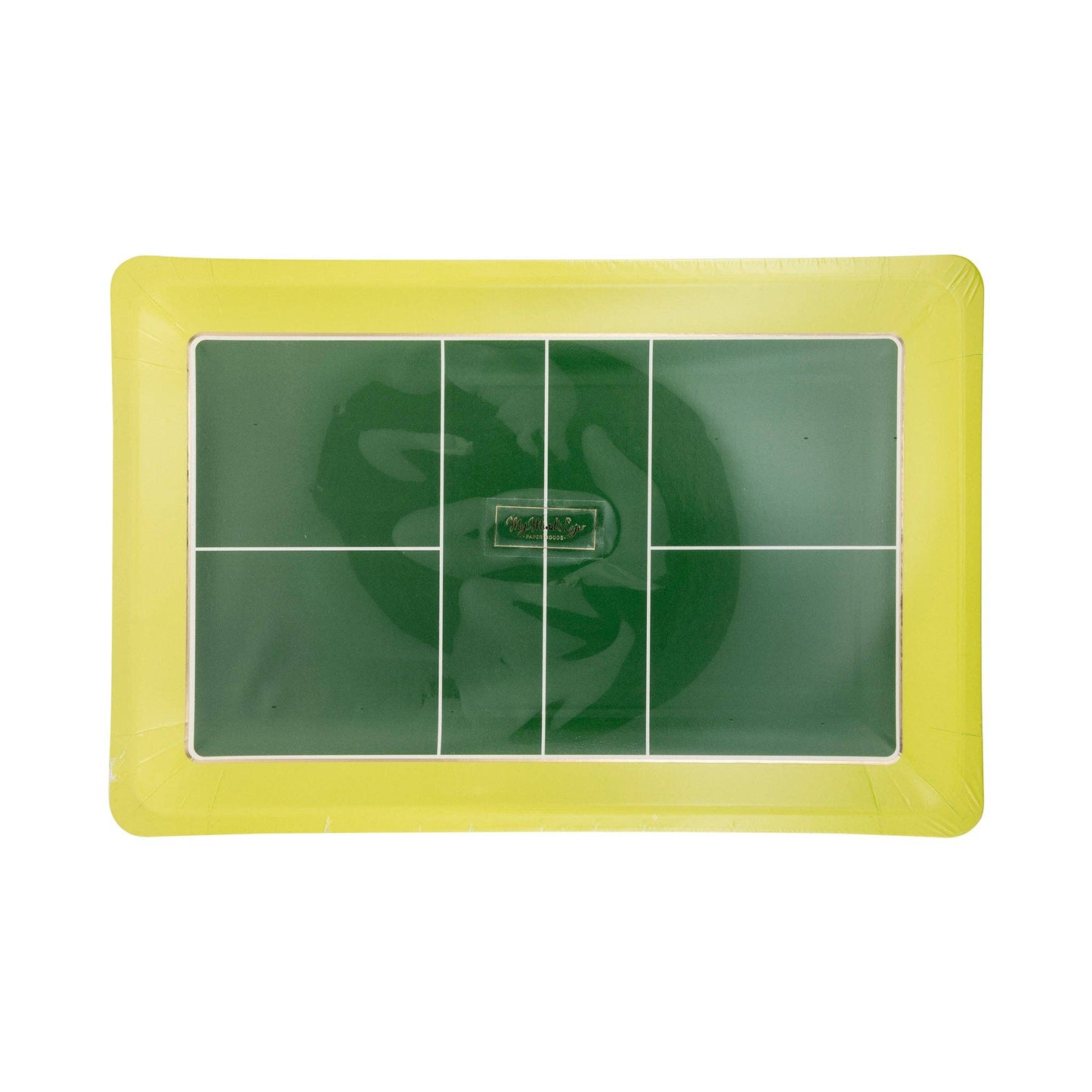 Set of 8 pickleball court plates measuring 11" x 7.25", perfect for serving food at pickleball games or themed parties. These party plates feature a fun design and gold foil accents, adding a touch of style to your gatherings. Ideal for sports enthusiasts, the plates make serving food a delightful experience at any pickleball event. Packaged in sets of three, these plates are a must-have for outdoor game supplies and unique party accessories.
