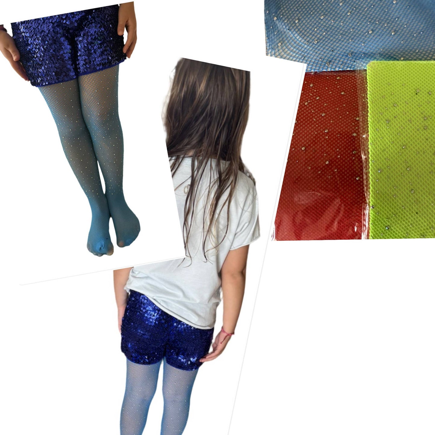 Sparkly fishnet tights in blue, green, red