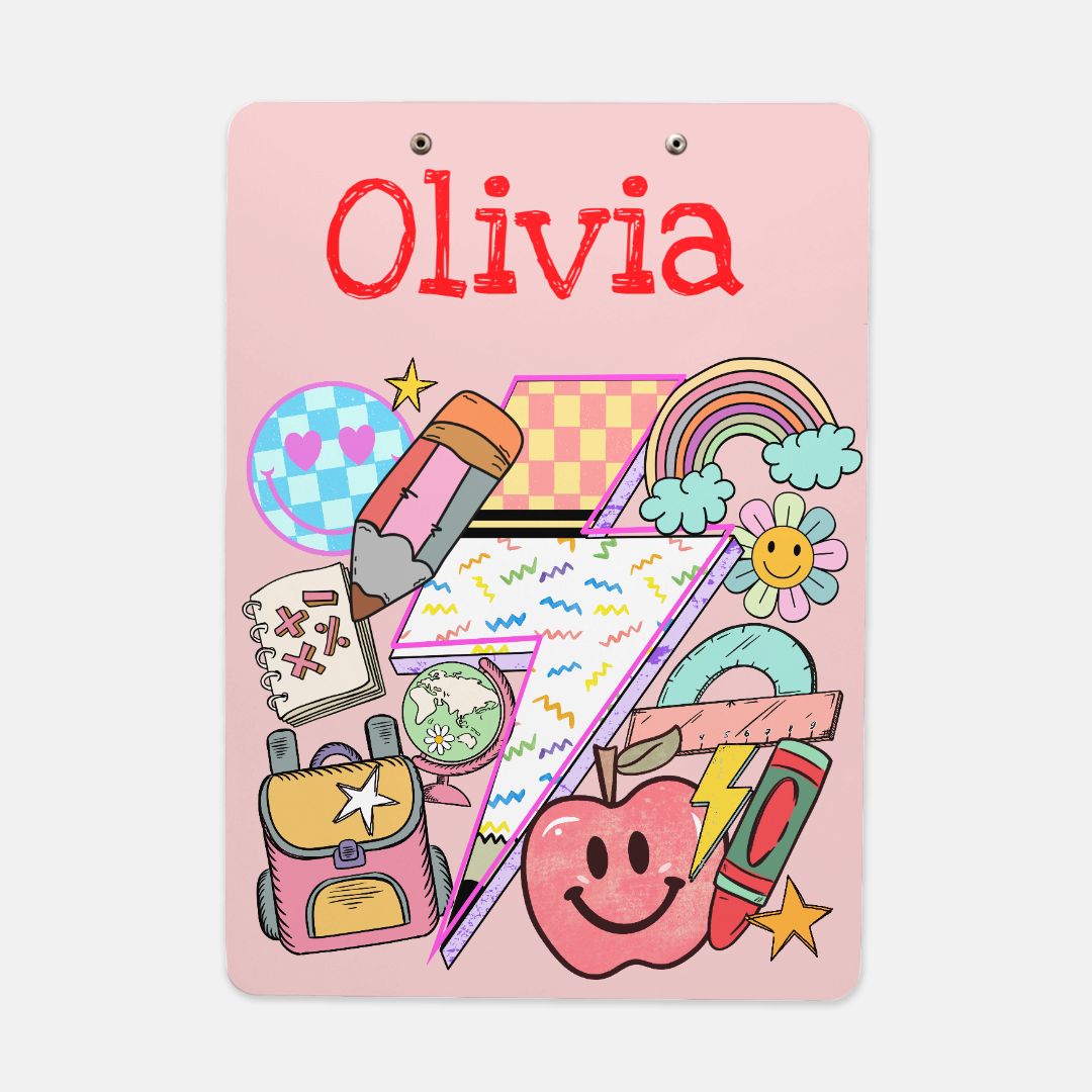Customizable clipboard personalized with a child's name, perfect for teachers and pre-K classroom organization. This cute writing board features a smooth surface for easy writing, a chrome clip for activity sheets, and cheerful designs on both front and back. An ideal back-to-school gift for students, it helps keep track of documents, homework, and notes. Also makes a great personalized gift for teachers or teaching assistants, inspired by playful schoolhouse art.