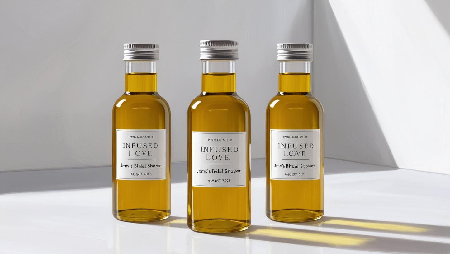 Elegant olive oil favors – 4.5” acrylic bottle with low-acid cold-pressed olive oil for events.