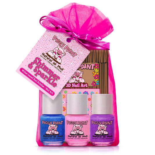 Piggy Paint Mermaid in the Shade Nail Set featuring three non-toxic, vibrant polishes (Mermaid in the Shade, Tickled Pink, Letās Jam) and flower-themed nail art. Safe for kids and pregnancy, cruelty-free, and vegan-friendly.