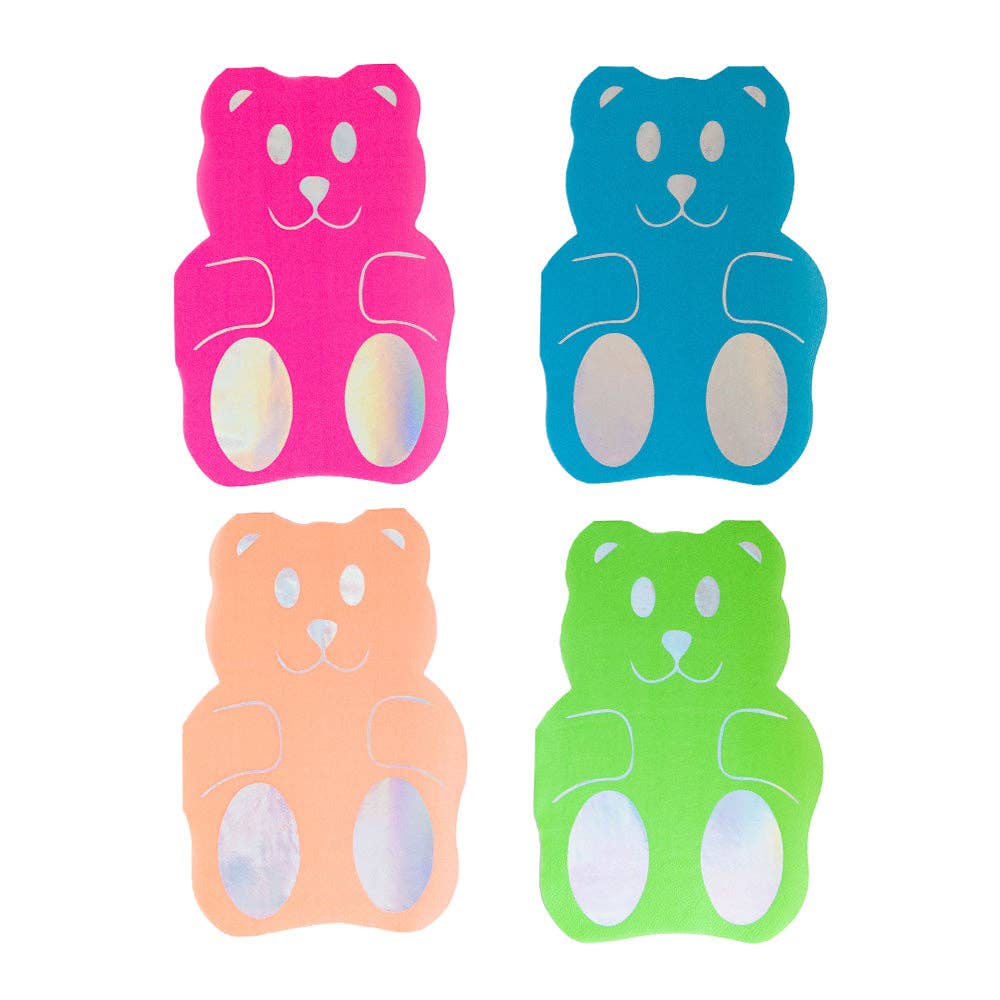 Colorful paper napkins featuring gummy bear illustrations, perfect for candy-themed parties.