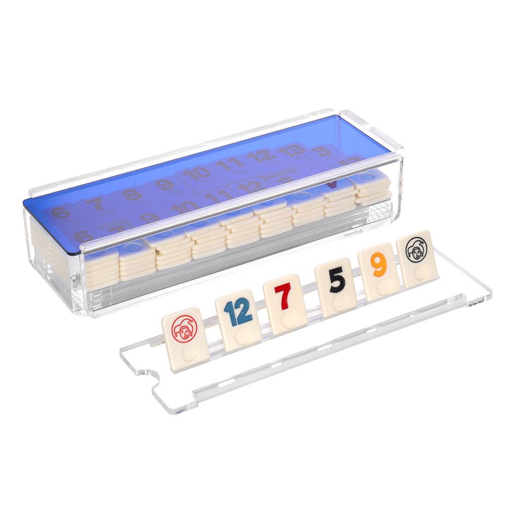 Transparent Lucite Rummikub set with vibrant lid options, ideal for display and gameplay.