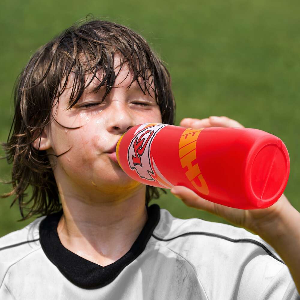 Squeezable 32oz water bottle with colorful team logos, fast cap, and leak-resistant spout, BPA-free.