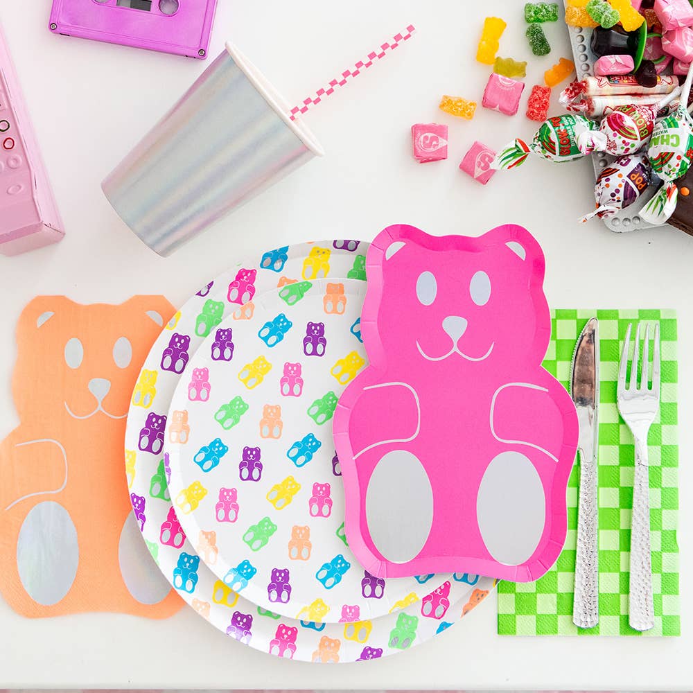 Bright and colorful gummy bear-themed dinner plates, perfect for birthdays and candy parties.