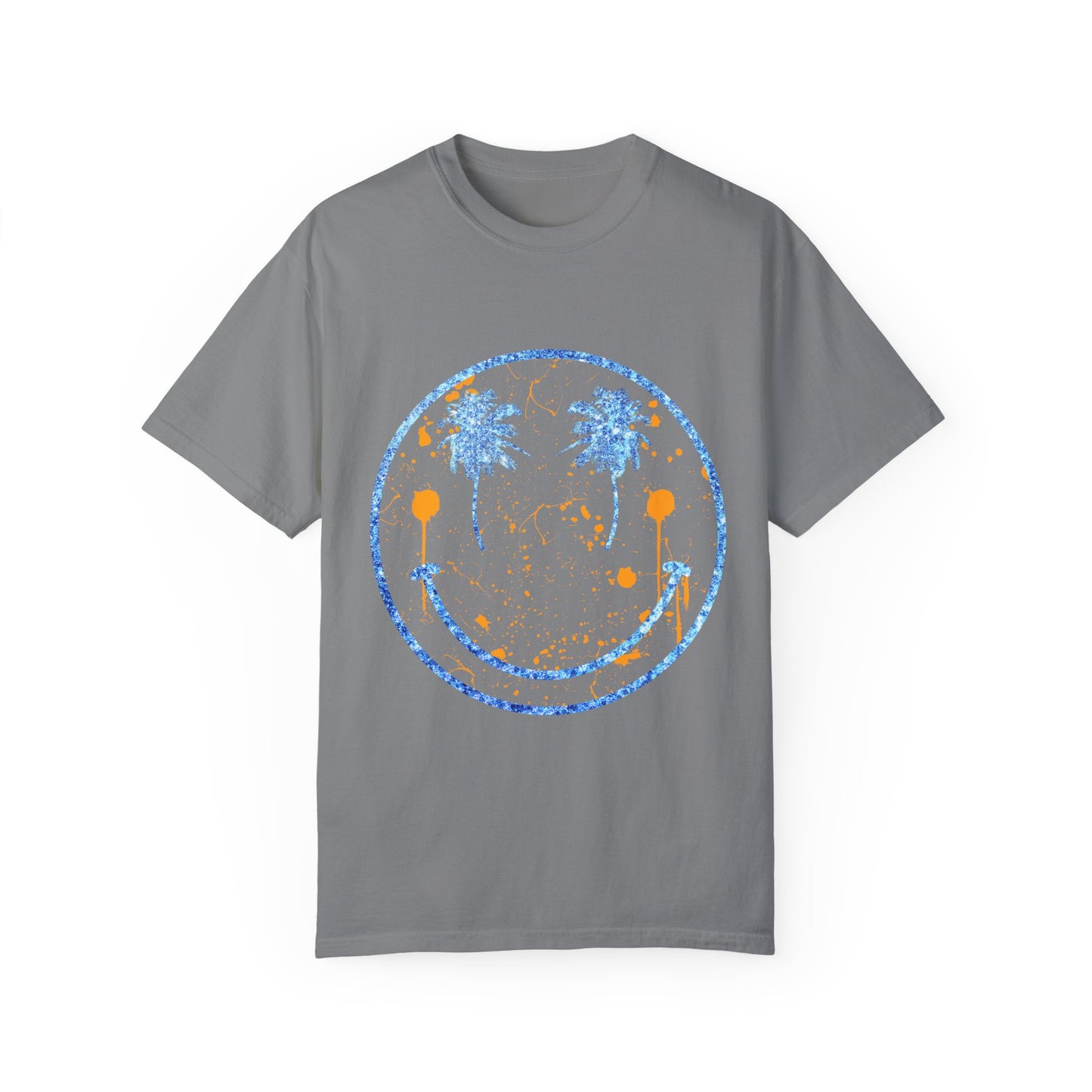 "Embrace summer vibes with our 90s Aesthetic Happy Face Paint Splatter Shirt, featuring a nostalgic design with palm tree eyes. This trendy unisex cotton tee is perfect for beach days, music festivals, and pool parties. Made from soft-washed ring-spun cotton, it offers a comfortable and relaxed fit, ideal for all-day wear. Get ready to shine in this retro-inspired shirt, designed for men, women, and teens!