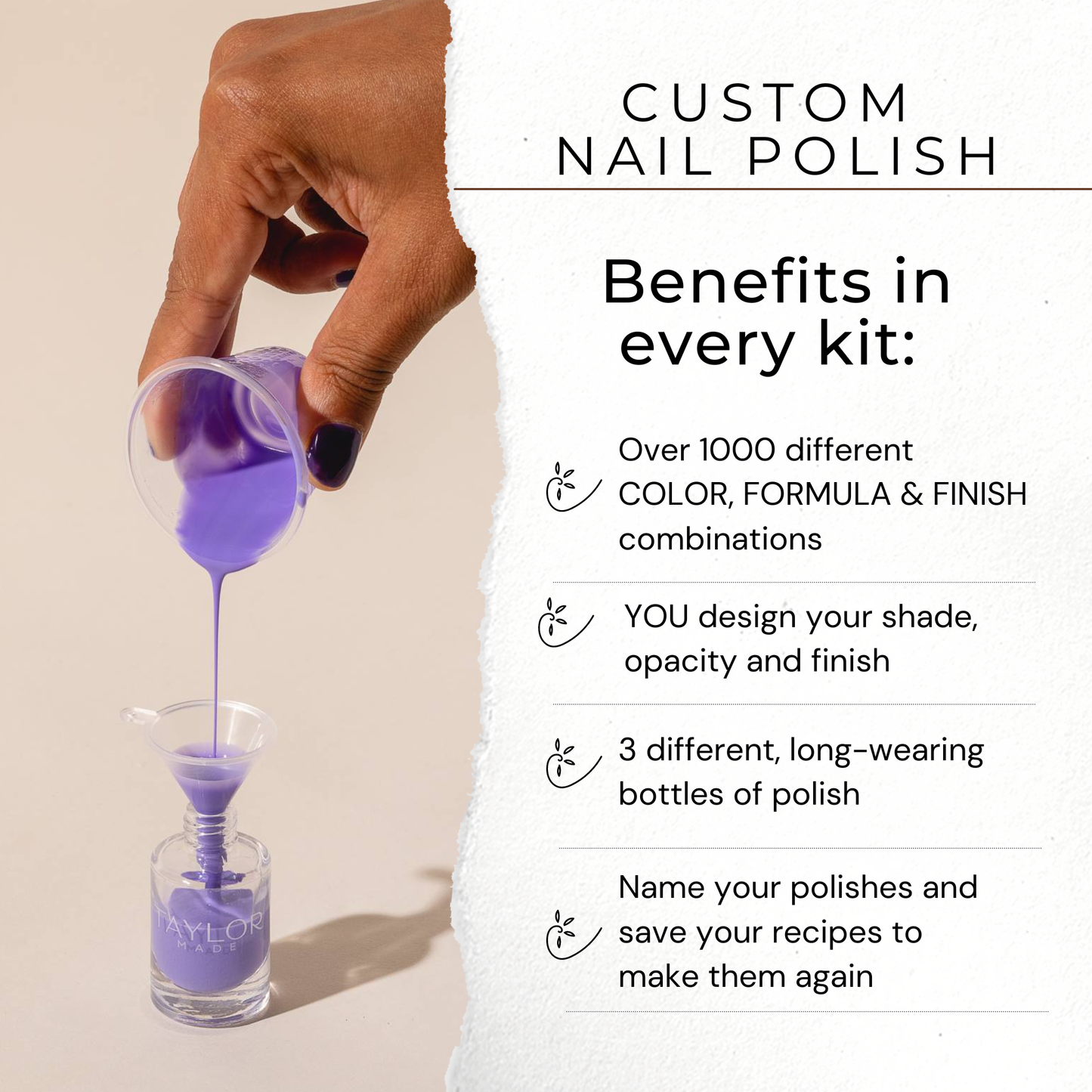 Custom nail polish kit for making 3 bottles; includes pink, red, and purple pigments with non-toxic, vegan, cruelty-free ingredients.