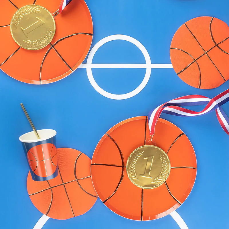 Slam dunk basketball paper plates, 8-pack, shiny gold foil, 9.5 x 9.5 inches, sturdy paper