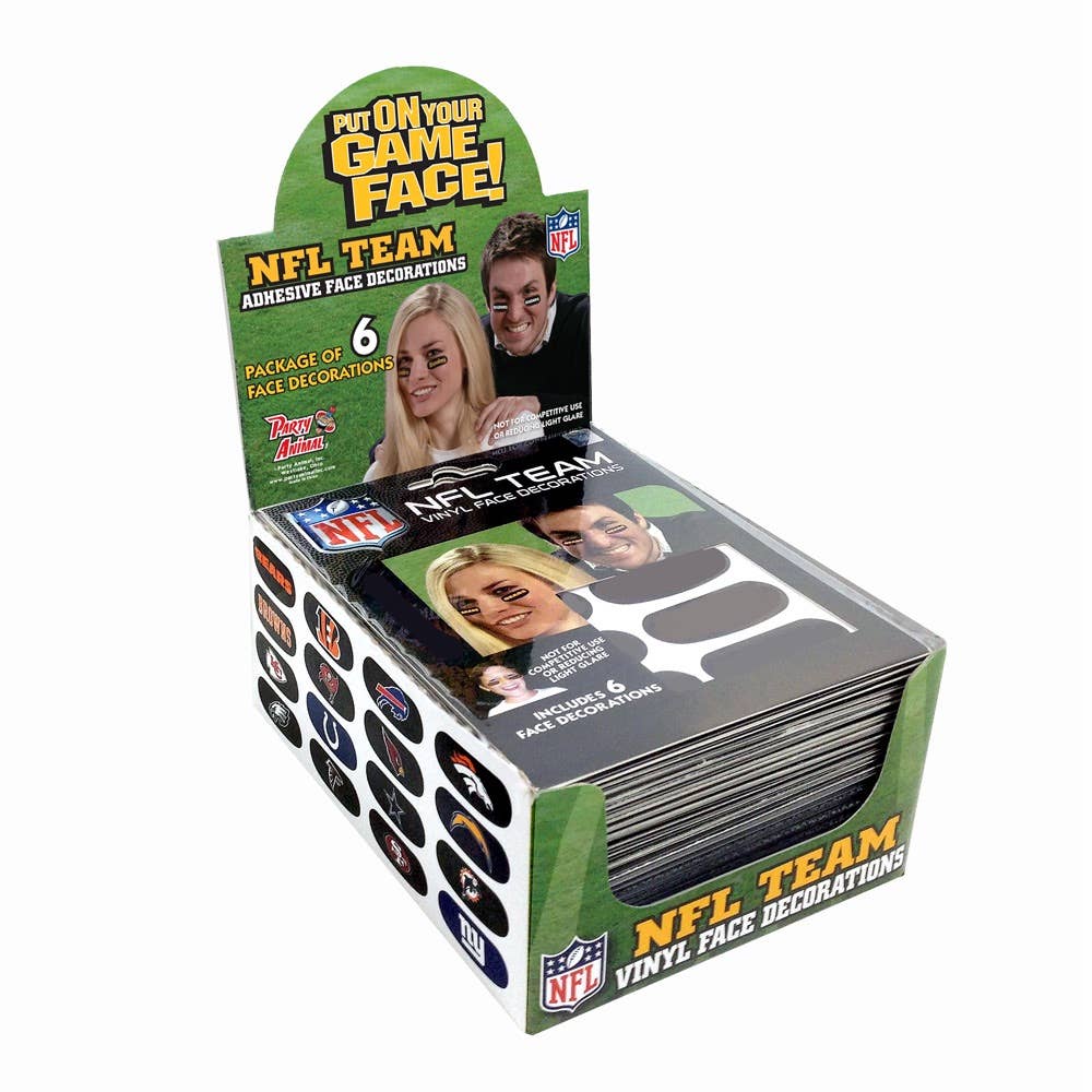 Removable adhesive NFL face decals with vinyl eye black strips and team logos, perfect for game day, tailgates, and parties.