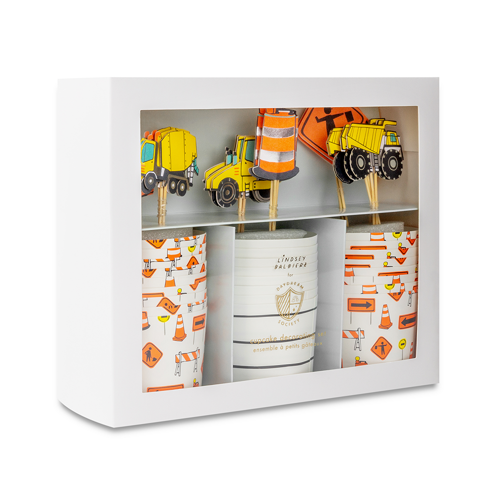 Party zone cupcake set with trucks, tools, and foil accents, 24 toppers + cups