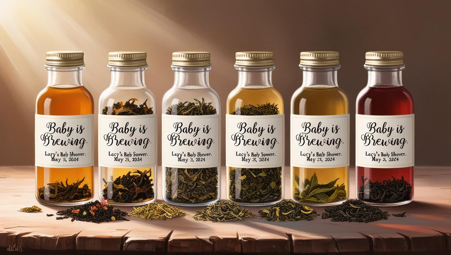 Bridal shower tea favors – elegant acrylic bottles with premium loose tea and sweet sayings.