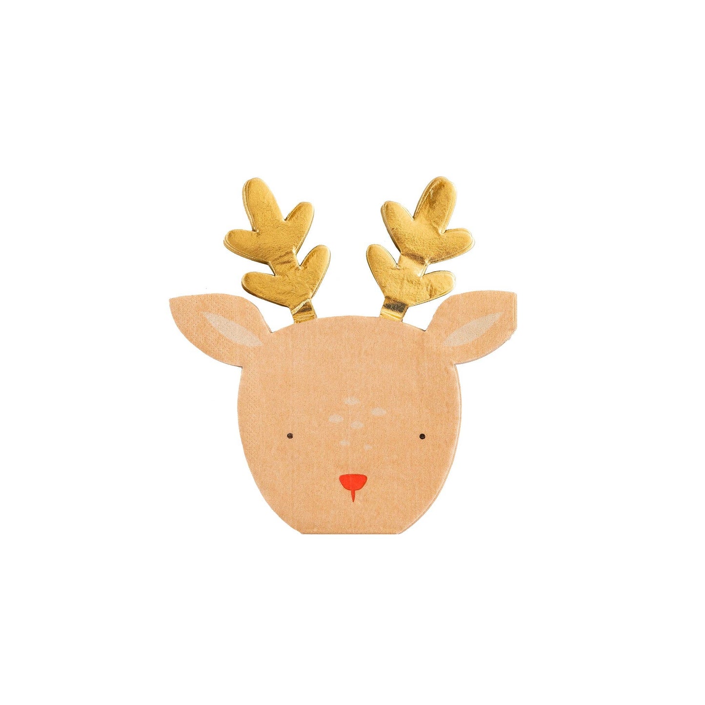 A whimsical paper reindeer head featuring shimmering gold horns, perfect for festive decorations and holiday cheer.