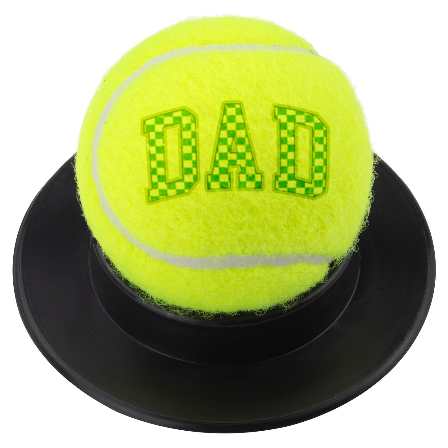 Full-sized "40 LUV" DAD tennis ball featuring retro green and yellow font, measuring 2.65 inches in diameter. Includes a display base, making it a perfect gift for tennis-loving dads.