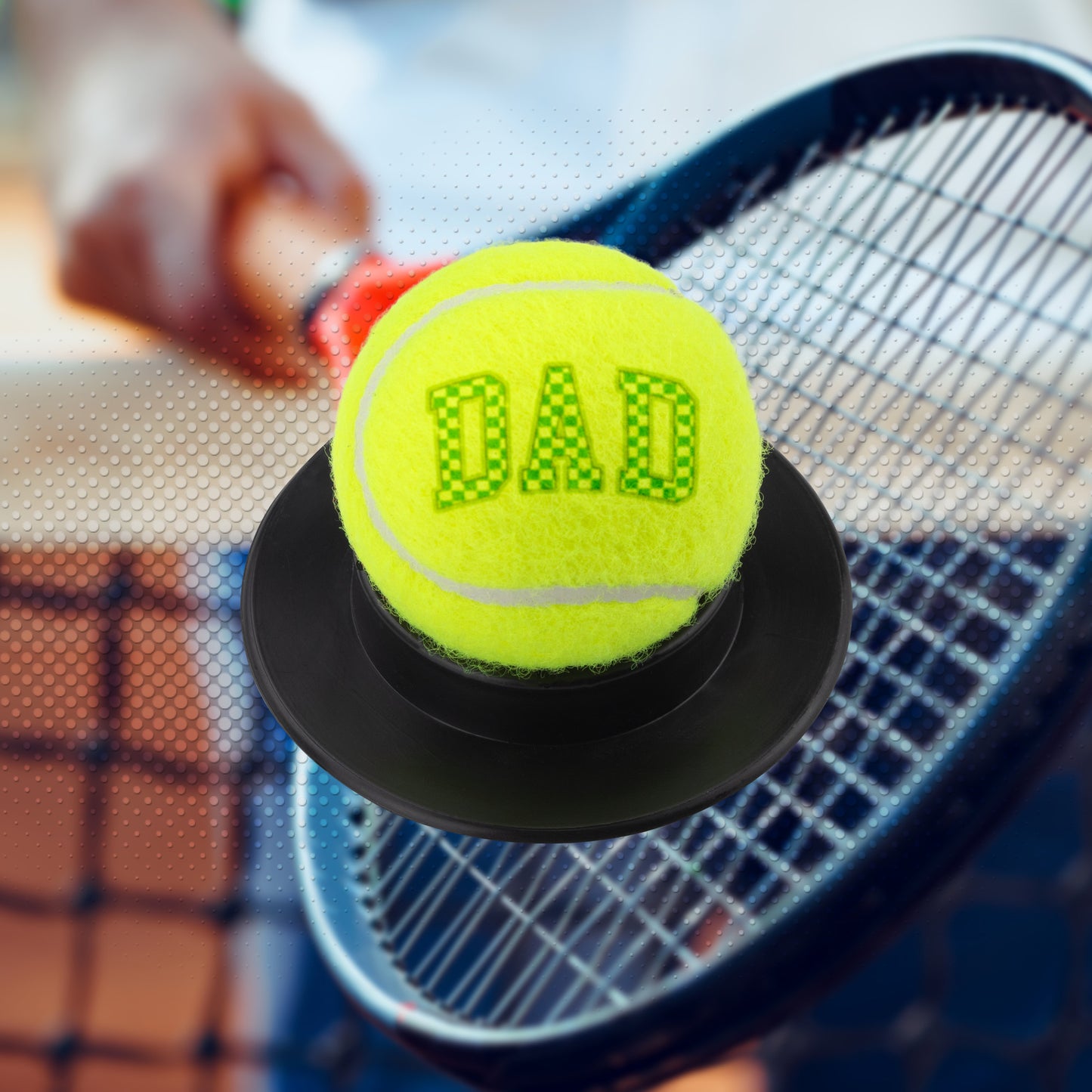 Full-sized "40 LUV" DAD tennis ball featuring retro green and yellow font, measuring 2.65 inches in diameter. Includes a display base, making it a perfect gift for tennis-loving dads.