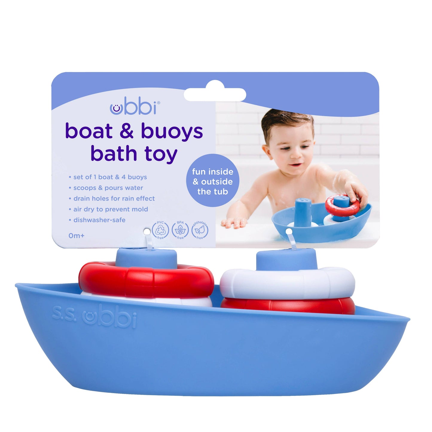Silicone boat set with 4 buoys, rain effect, promotes coordination, BPA-free, dishwasher safe, baby.