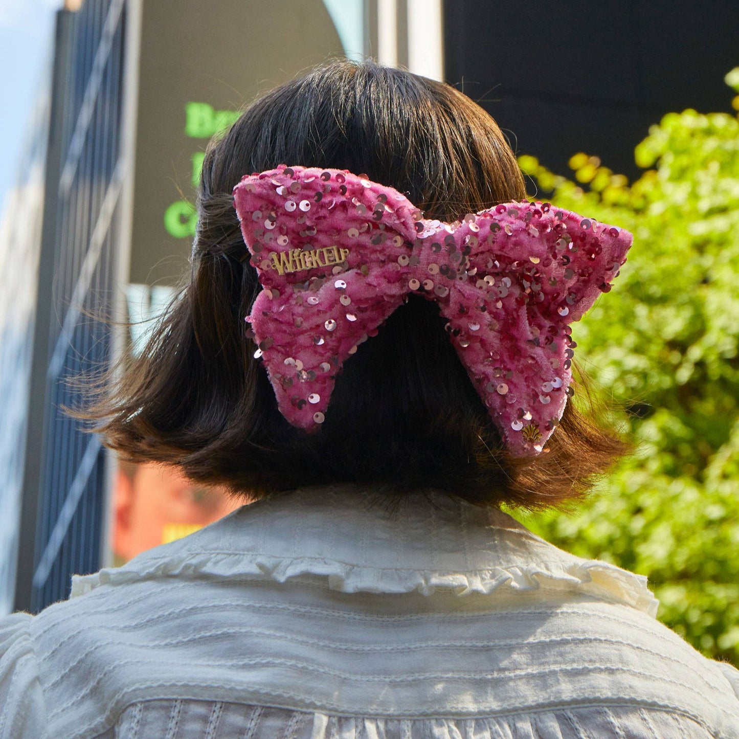 Lele Sadoughi x Wicked pink velvet barrette, pink sequins, 14k gold logo, 20th anniversary gift.