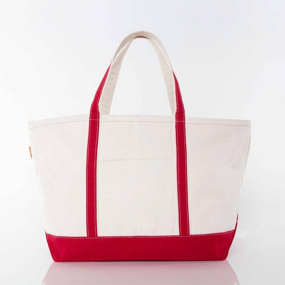 Canvas boat tote with zip top and exterior pocket, five vibrant colors, personalized option