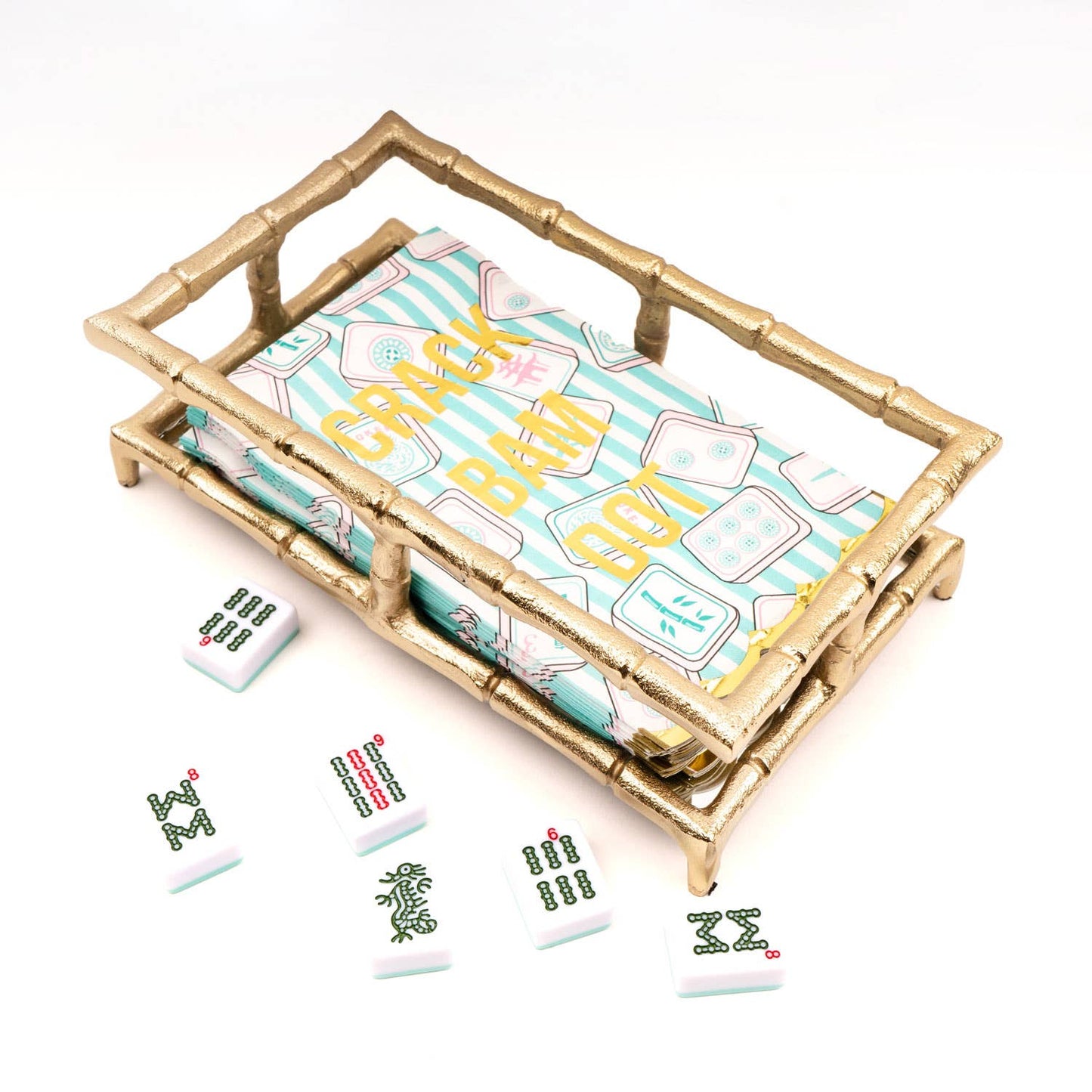 Mahjong Stripe Paper Guest Towels with gold scalloped edges, 16-pack, perfect for game night.