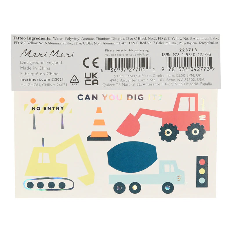 Kids construction tattoos with silver holographic foil, 13-pack, ages 3+, bright designs