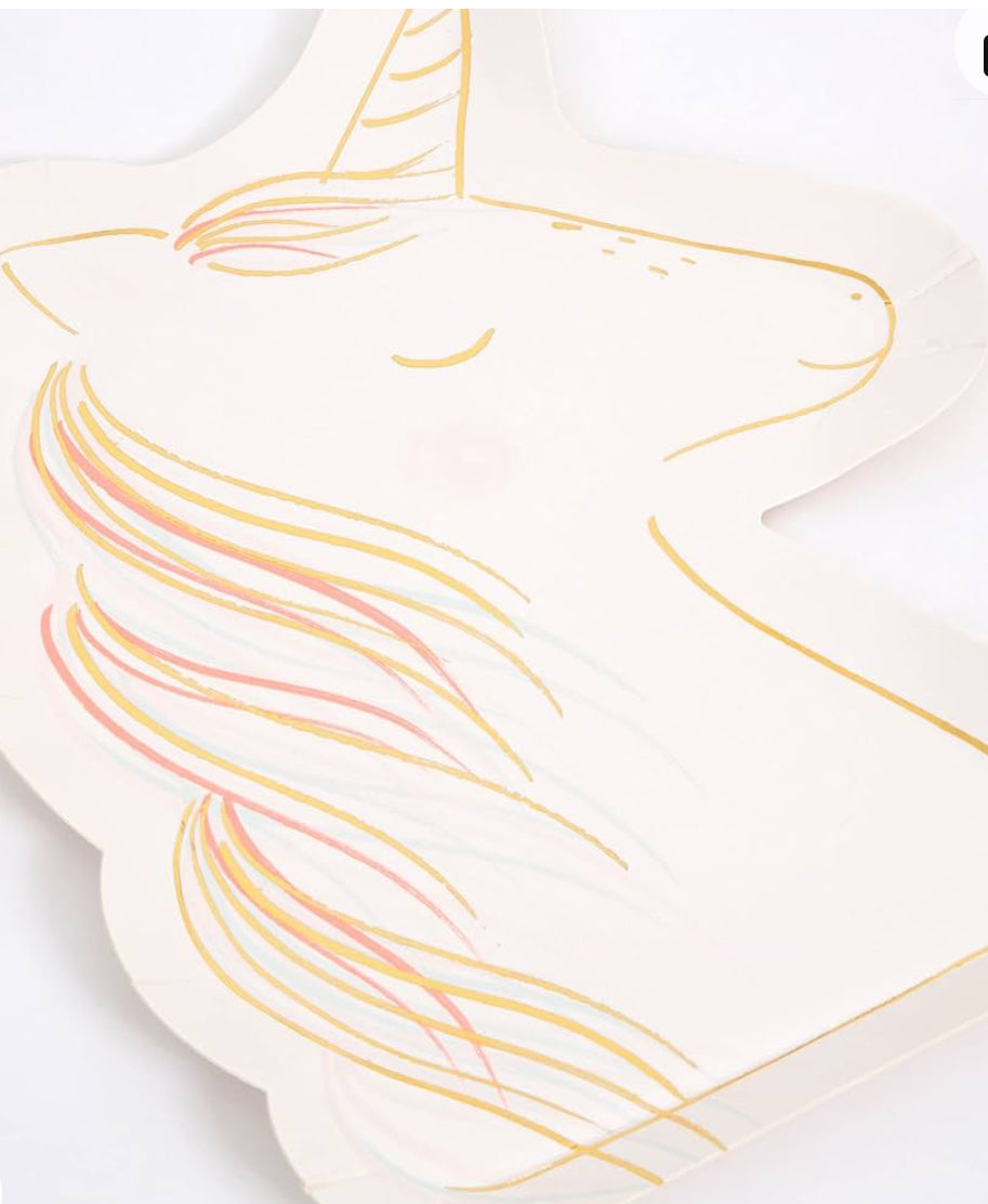 Unicorn-shaped party plates featuring shiny gold foil embellishments and neon print. Perfect for adding a magical touch to any fairytale-themed party. Set includes 8 high-quality plates, measuring 170mm x 230mm, ideal for dessert or snacks.