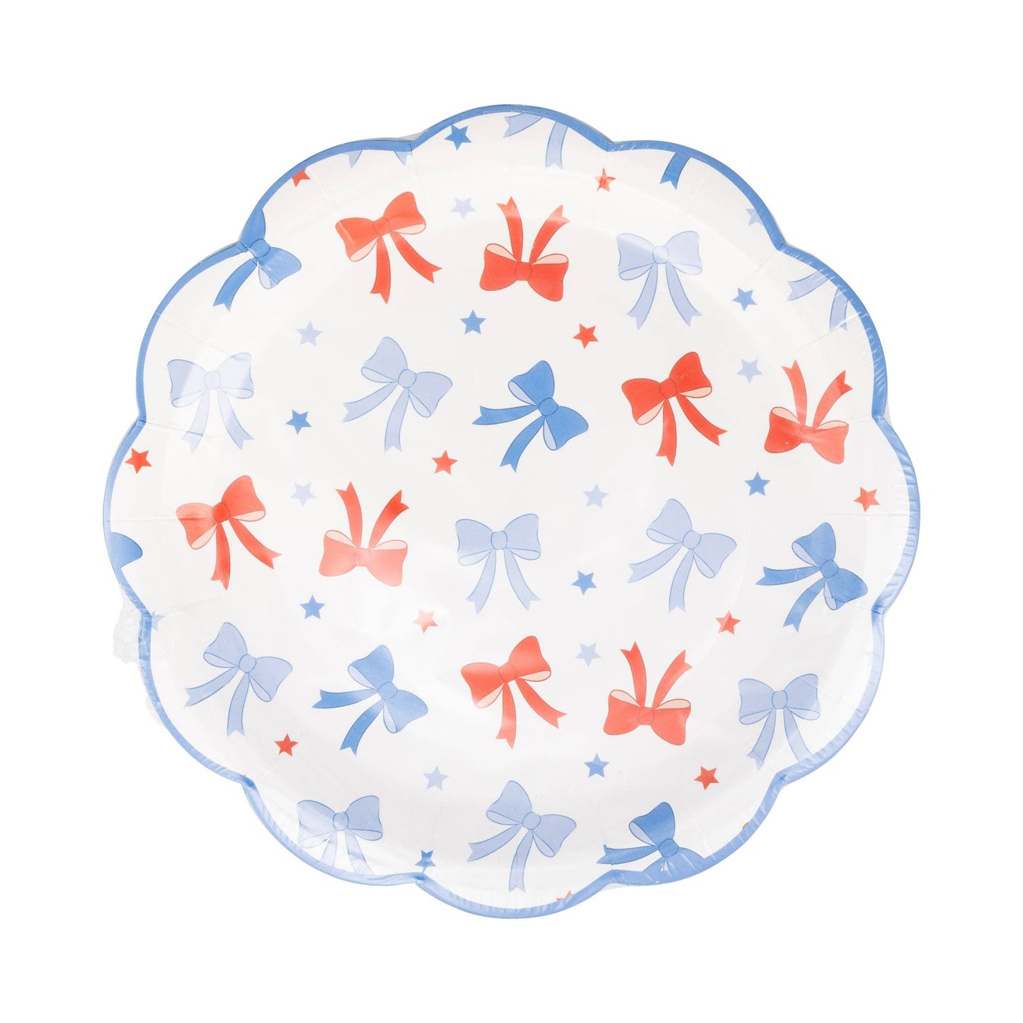Festive 4th of July Bows Plates, set of 8, 9-inch square, ideal for patriotic parties.
