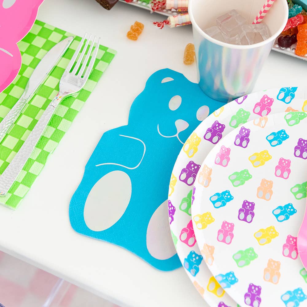 Neon gummy bear paper plates for kids’ parties, candy buffets, and fun celebrations.