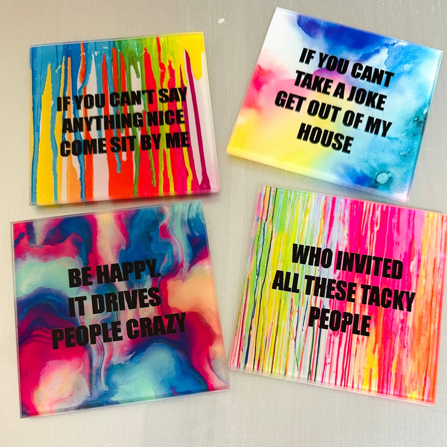 “Say How You Really Feel” glass coasters 4” set of 4, artistic home & kitchen tabletop decor.