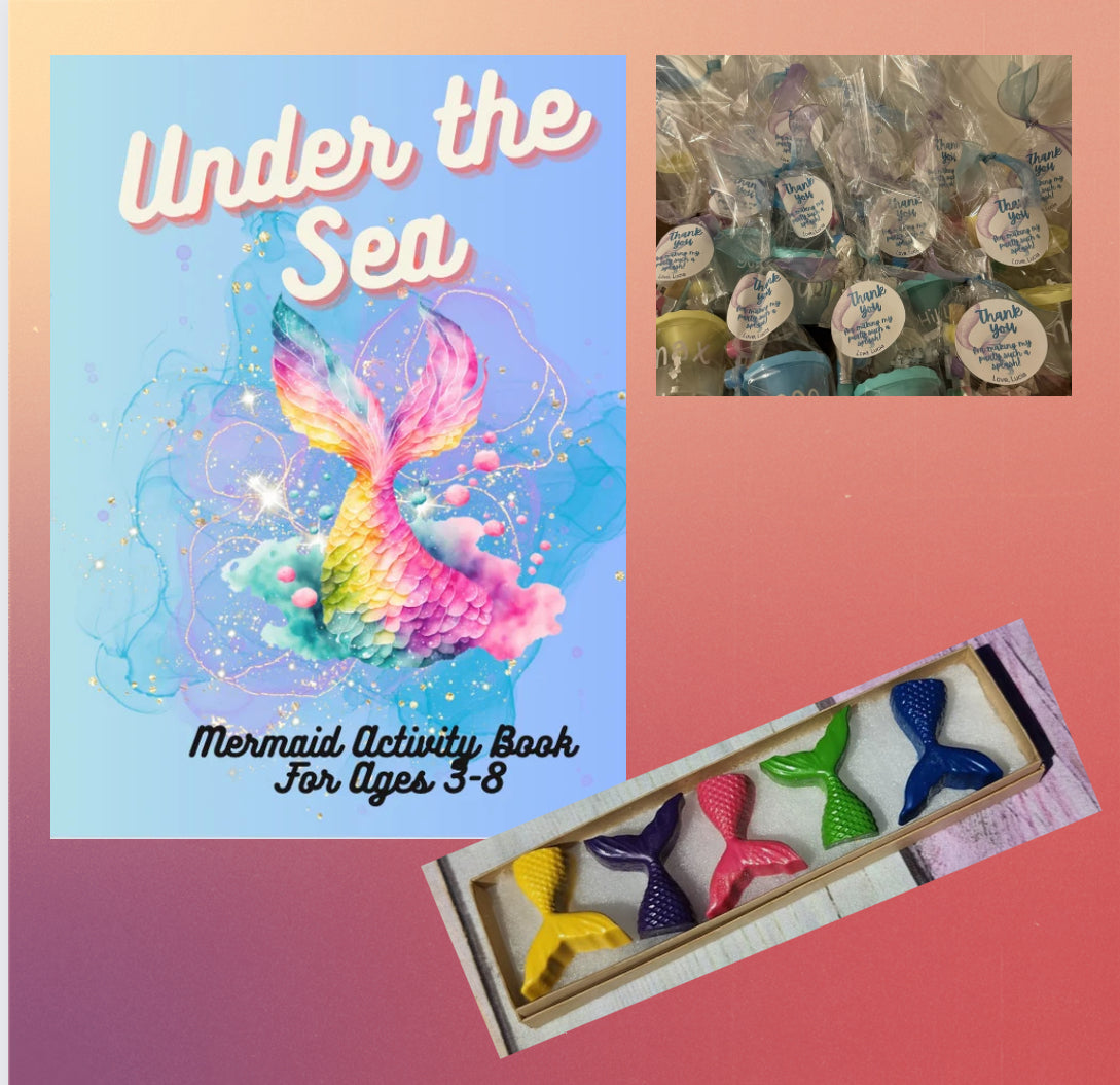 mermaid coloring book, under the sea activity book, kids party favor, 121 pages, ages 3-8, mermaid theme, coloring pages, cutting activities, connect-the-dots, drawing tutorials, mazes, sea creatures, ocean exploration, non-screen activity, creativity booster, imagination activity, birthday party favor, mermaid birthday gift, restaurant activity, grandparent gift, Chief Gifting Officers, thank you gift tag, mermaid crayon.